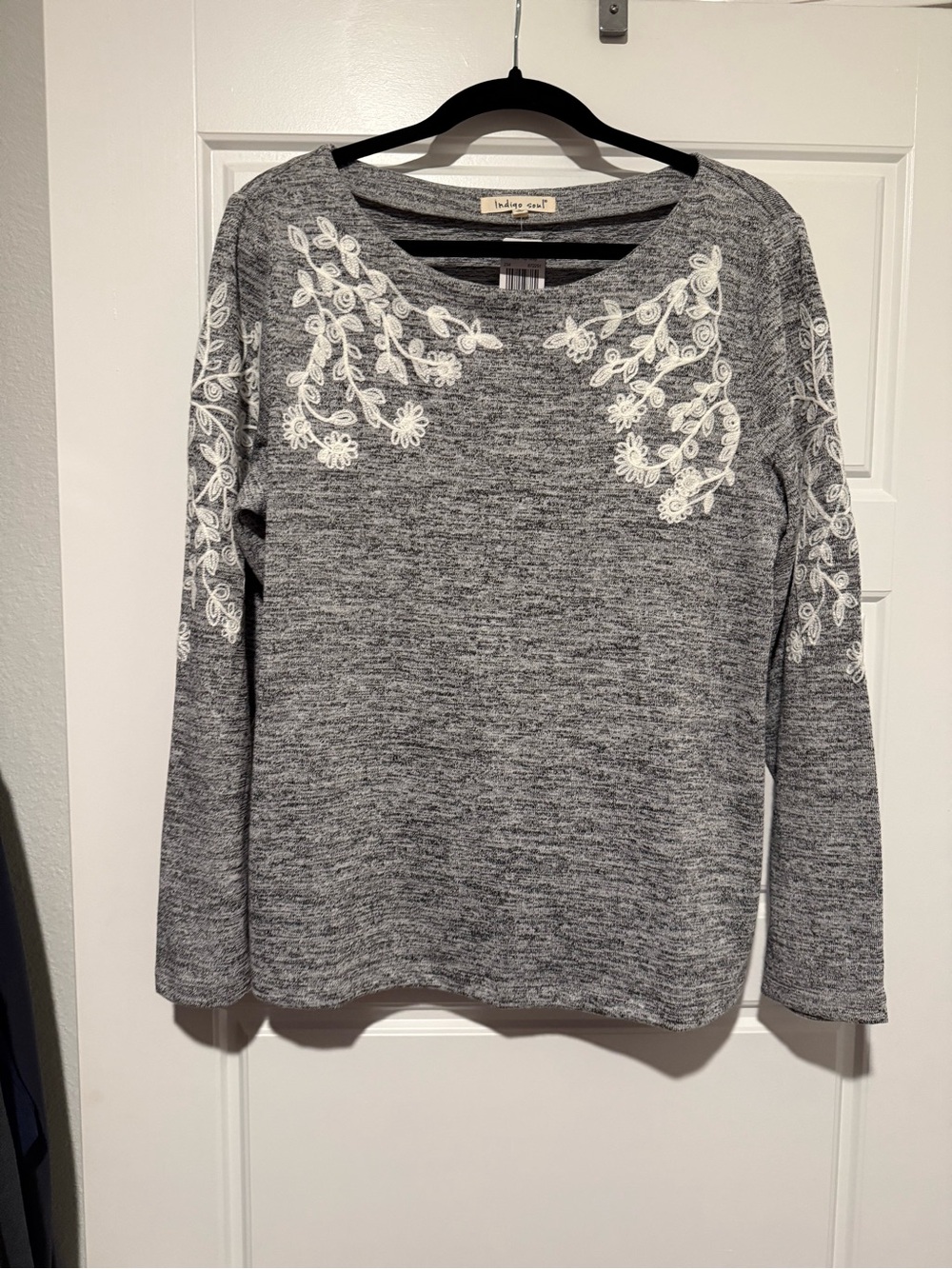 indigo soul Grey Knit Top with White Floral Embroidery